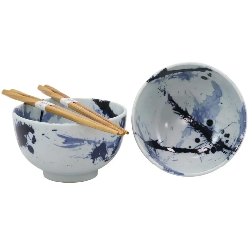 Ebros Blue Splash Paint Abstract Art Design Porcelain Bowls Bamboo Chopstick Set